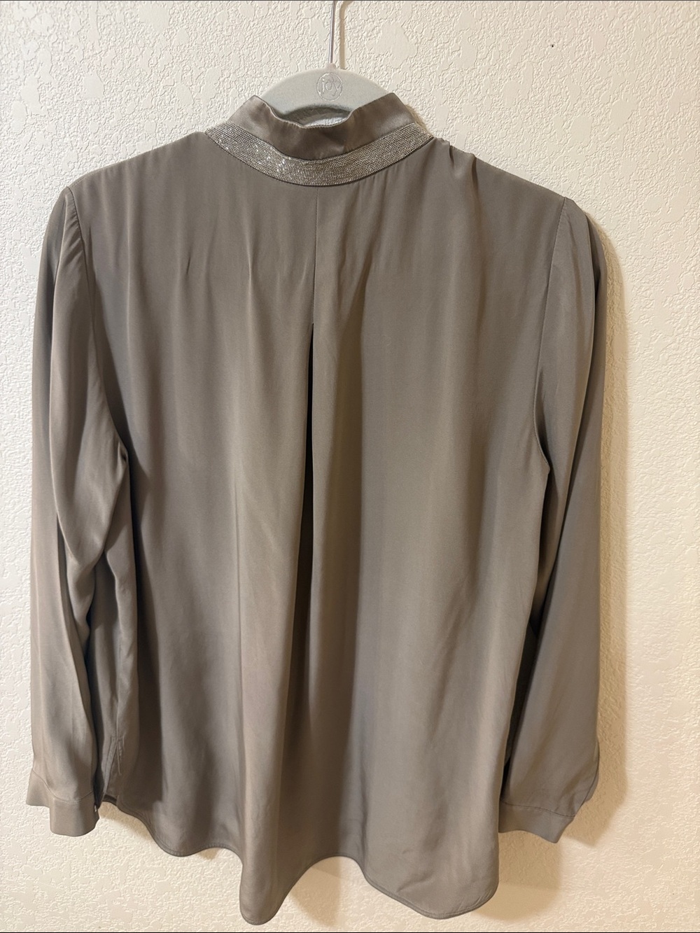 Lafayette 148 New York Taupe Mandarin Collar Button-Front Shirt - Picture 4 of 6